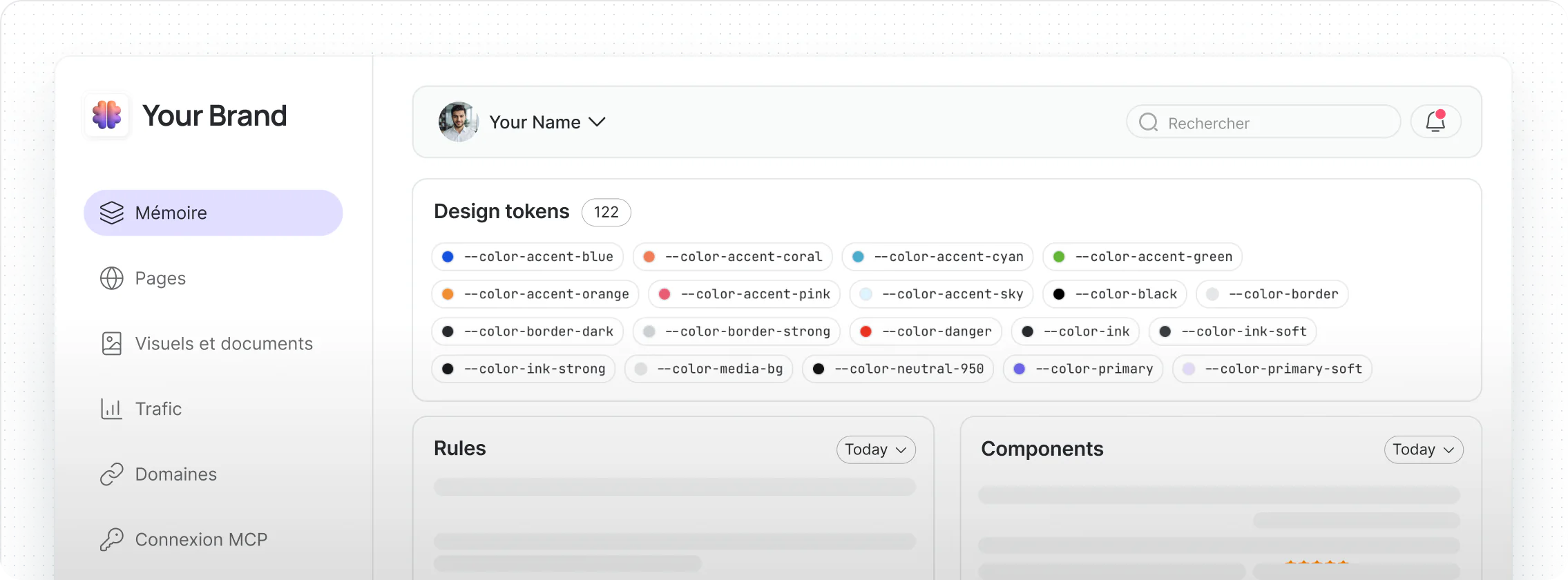 Interface DesignBrain : mémoire de marque, design tokens, règles et composants