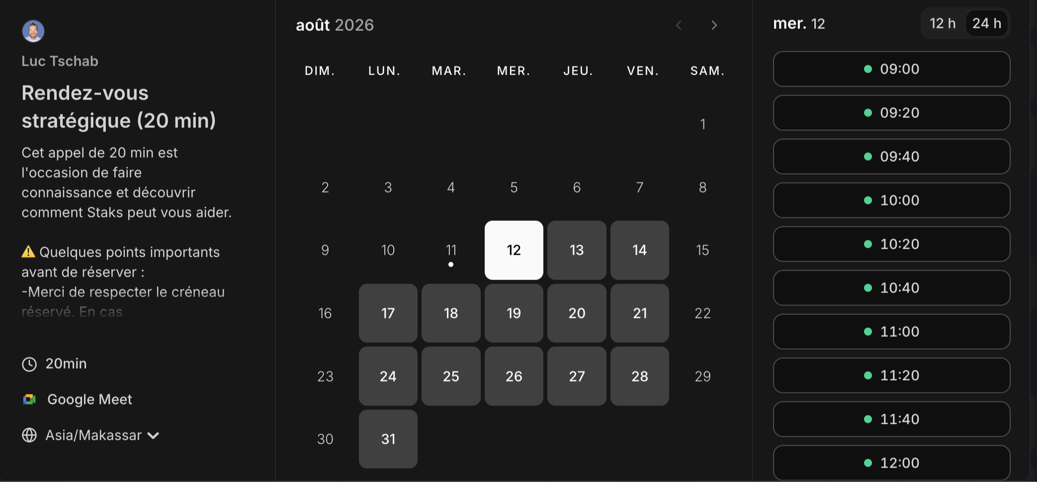 Interface de prise de rendez-vous — rendez-vous stratégique de 20 minutes en visio, calendrier août 2026