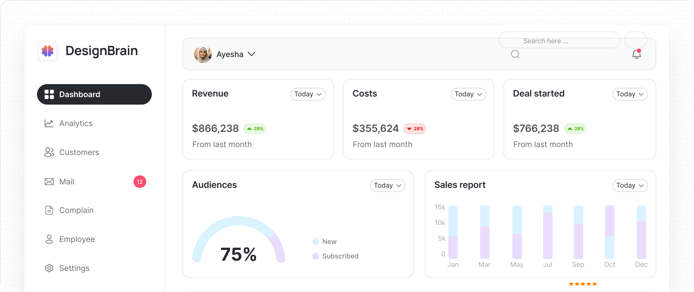 Aperçu du dashboard DesignBrain : revenus, coûts, audiences et rapport de ventes